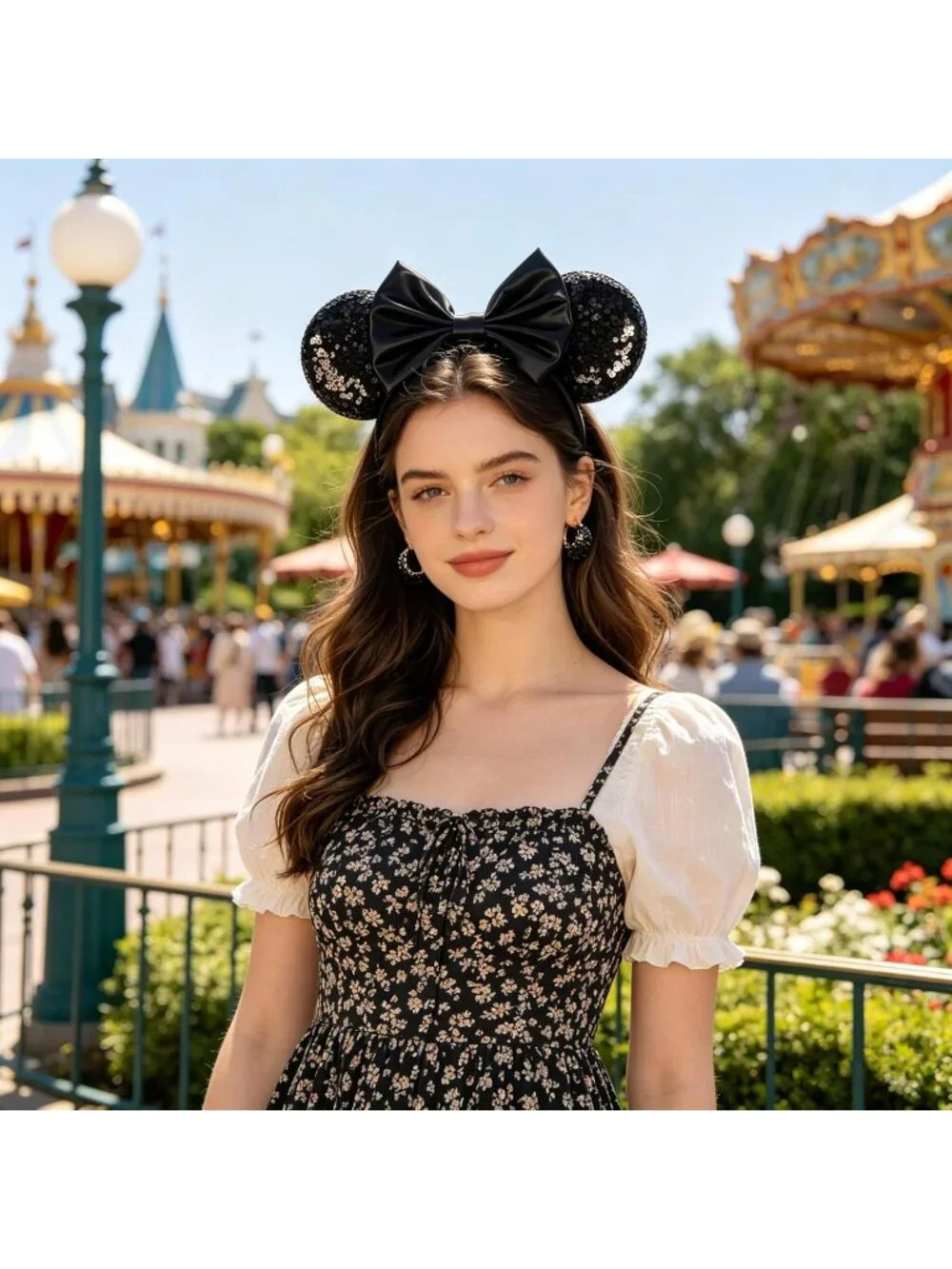 Women Black Polyester Sparkle Sequins Mickey Mouse Hair Bow Handmade Headband